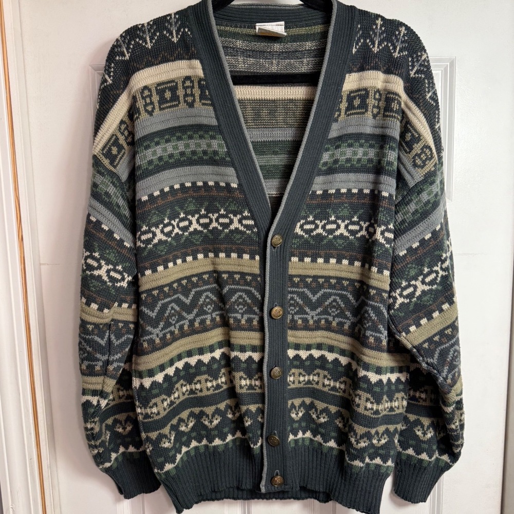 Twilight Zone Vtg Fair Isle Cardigan Sweater Green Grey UK Made Mens XL Read